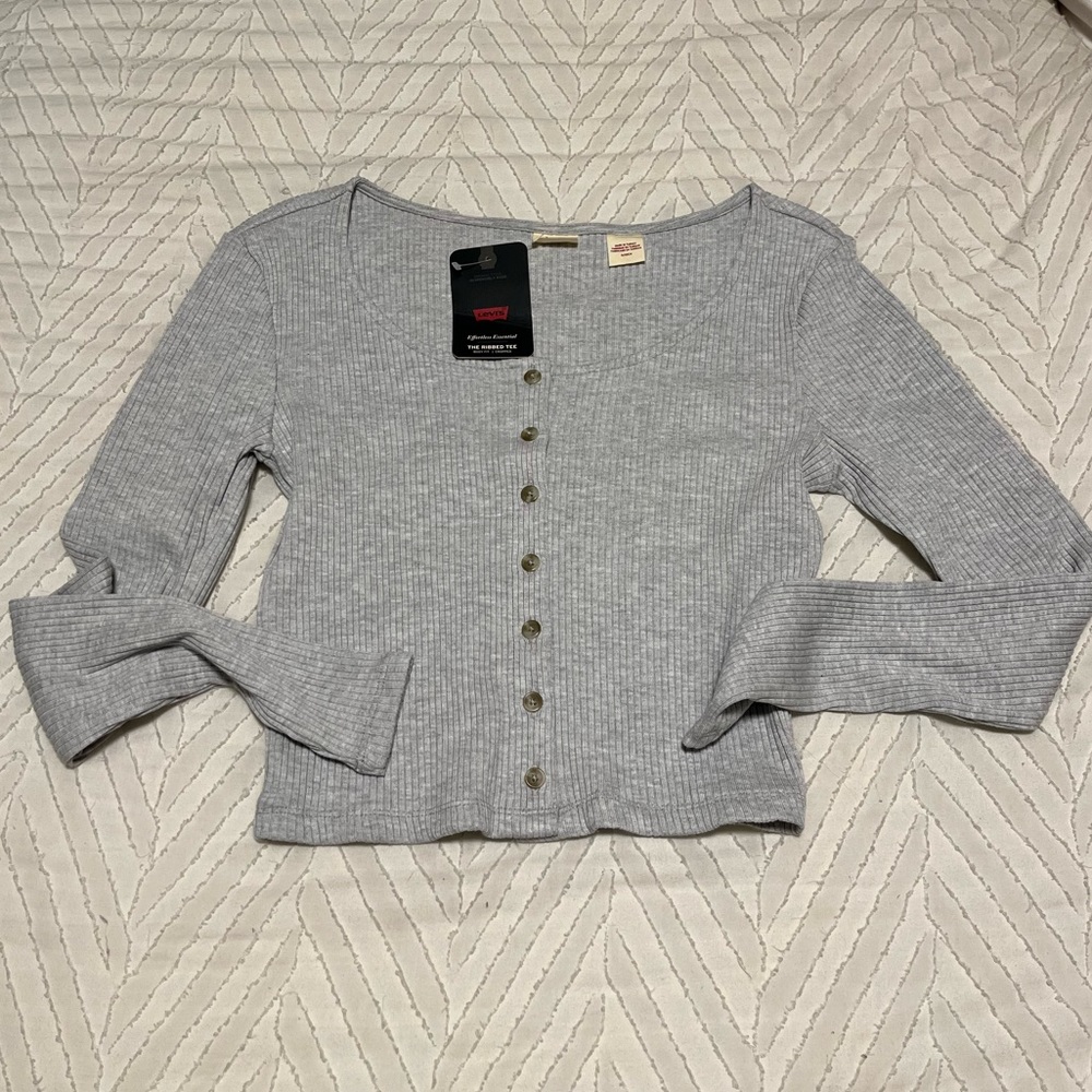 Gray, button down, ripped, cropped long sleeve, small, brand new, tag still on